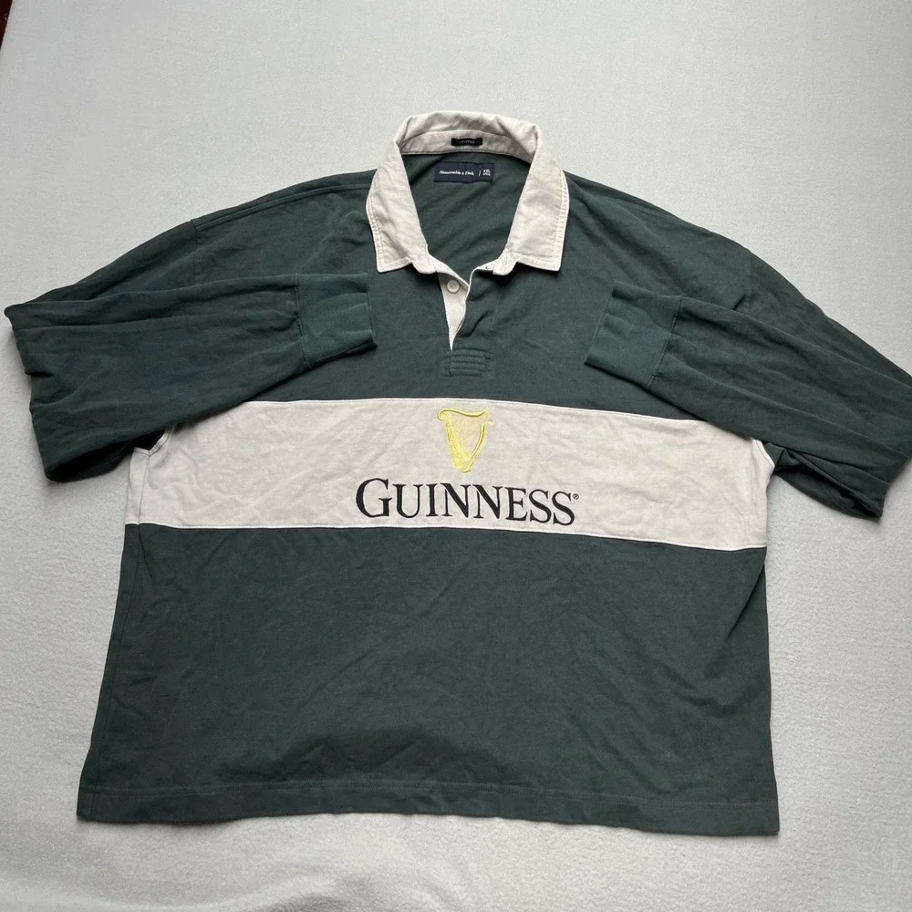VTG Abercrombie & Fitch Guinness Rugby Shirt XXL Green Cropped Long Sleeve Polo‎ - Picture 3 of 11